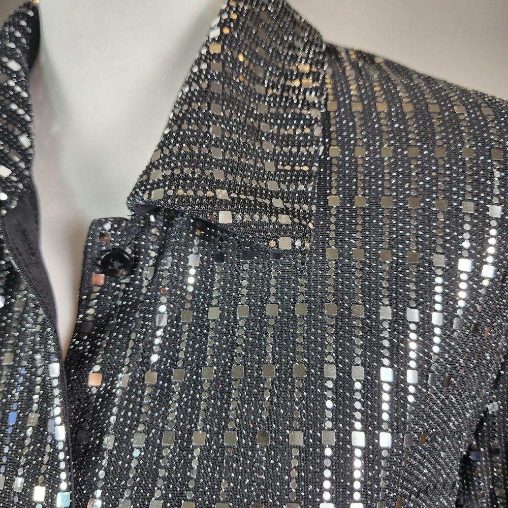Cider Silver Sequin Metallic Button Up Long Sleeve Mini Dress Black Large - Picture 4 of 12